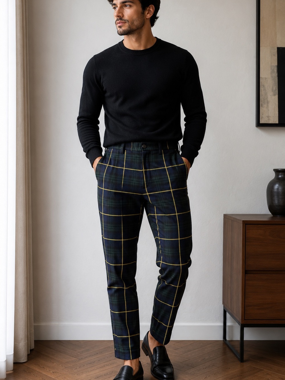 Forever 21 Men's Black and Dark Green Plaid Chinos with Yellow Windowpane